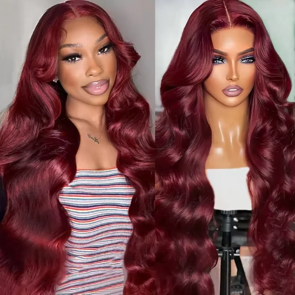 

Парик с кружевной передней частью 99J Burgundy, 13x6, с эффектом Body Wave, HD прозрачный кружевной фронтальный парик из натуральных волос, предварительно выщипанный, цвет 99J красный