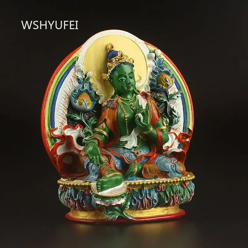 Colorful Green Tara Buddha Statue Tibetan Buddhist Deity Figurine with Back Halo and Lotus Base for Home Altar Meditation Decor
