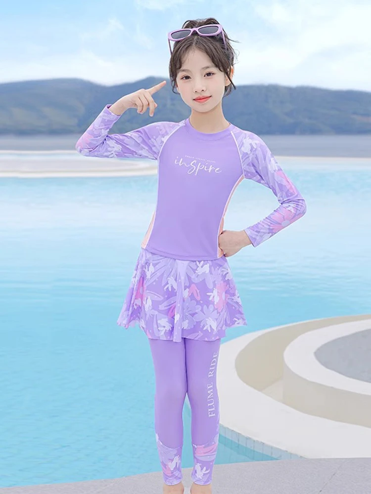 Two Pieces Kids Burkini Girls Long Sleeve Swimsuit With Removable Skirt Children Modest Swimwear Muslim Swimming Suit Bathing