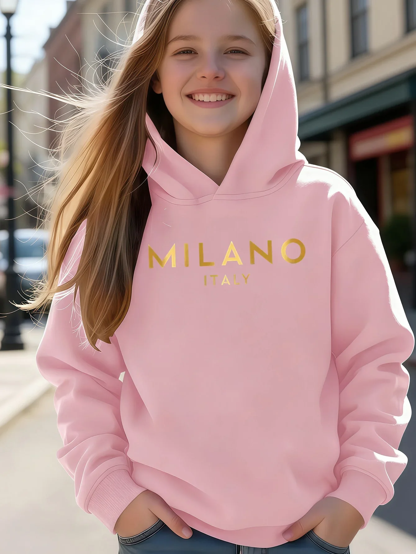 Kids Girls Milano Italy Graphic Hoodie Black Printed Gold Sweatshirt School Clothes Birthday Present Autumn Winter Tops