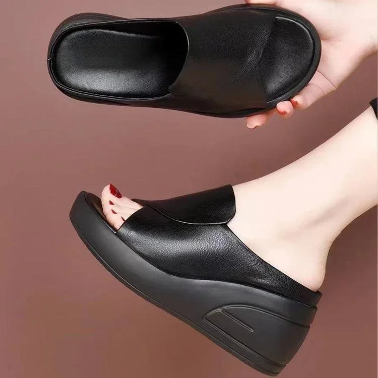 Summer New Open Toe Sexy Solid Thick Sole Slope Heel Slippers for Women Outwear Comfortable Platform Women's Single Shoes