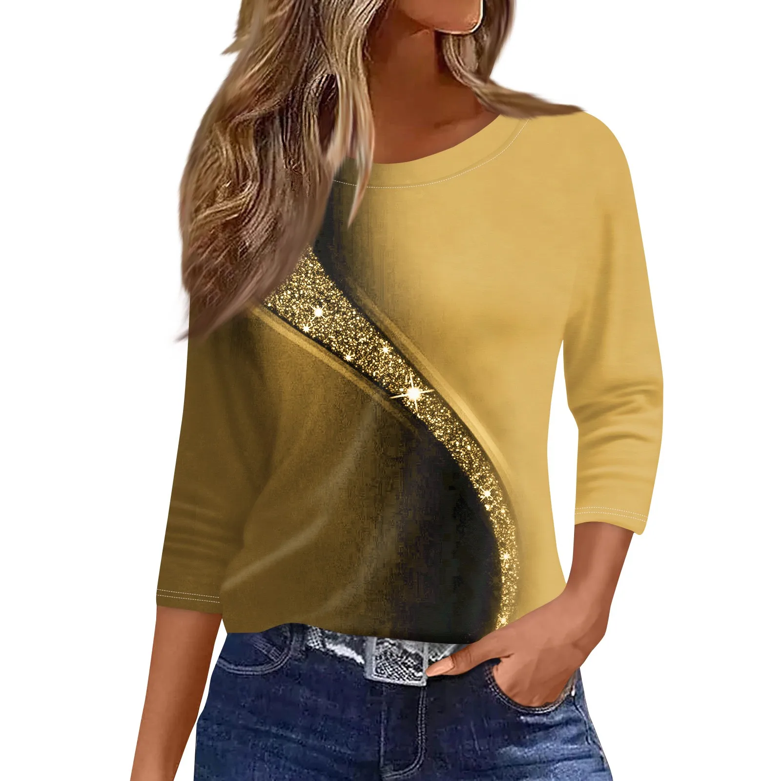 2024 New Women\'s Sweater O-neck Shirt Fashion Casual Seven Sleeve Printed Round Neck Top Women\'s T-shirts Short Sleeve Top