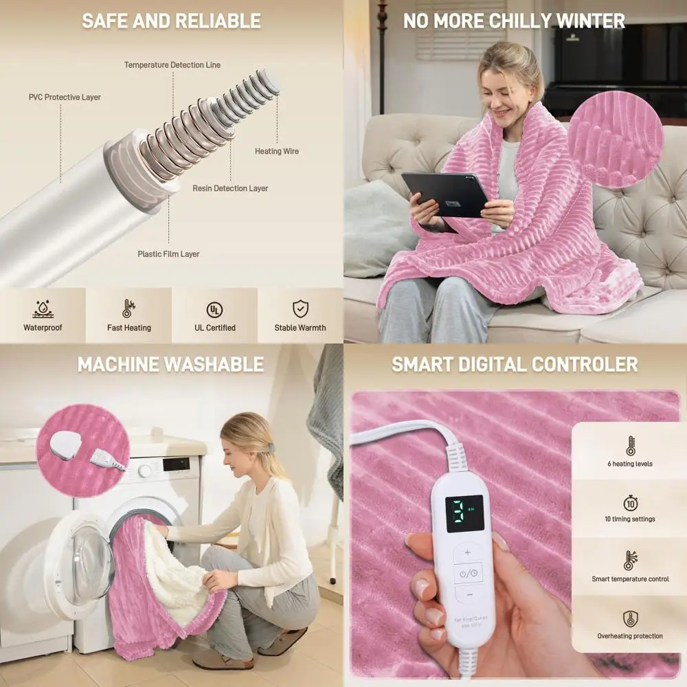 

King Size 100x90 Electric Flannel Blanket with 10 Timers, 6 Heat Levels, Washable & Overheat Protection - Pink