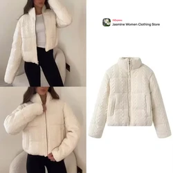 Fashion Women Outer Top High Street Stand Collar Ecru Knitted Jacket with Zipper & Elastic Cuffs Elegant Lady Winter Snow Parkas