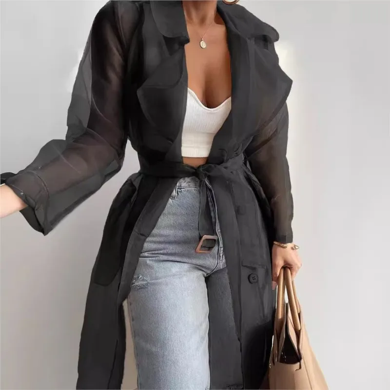 Cárdigan con mangas abullonadas, camisa de longitud media, chaqueta con cordones, chaqueta fina holgada de Color sólido para primavera y verano, ropa para mujer