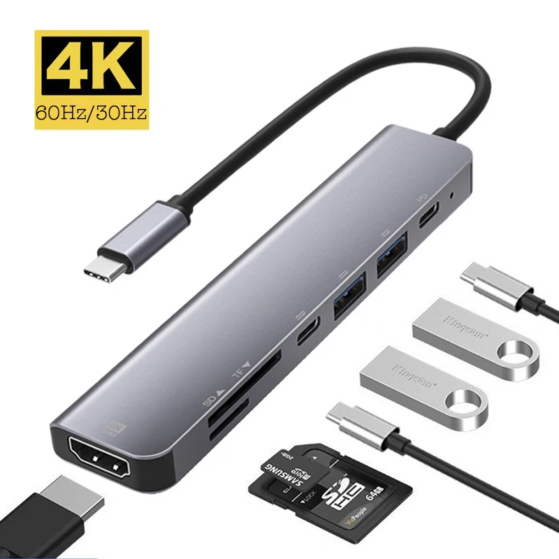 7 w 1 typ C USB 3.1 HDTV 4K 60Hz wideo USB 3.0 USB2.0 czytnik kart SD TF czytnik danych USB-C PD Adapter ładowania Hub dla Macbook