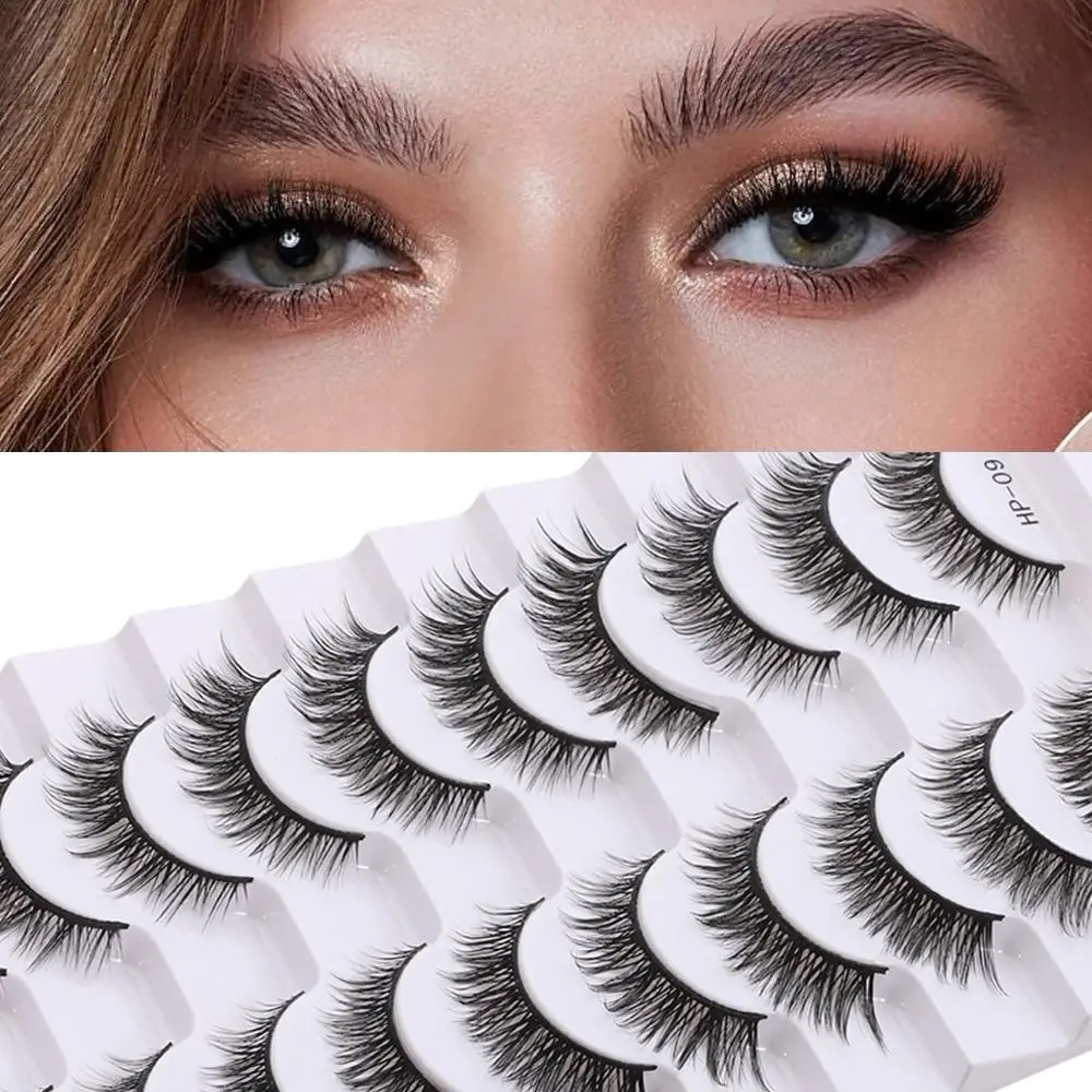 10 Pairs New Natural Long False Eyelashes Fluffy Black Stem Manga Lashes Soft Cross Fake Lashes Eye Makeup Tool