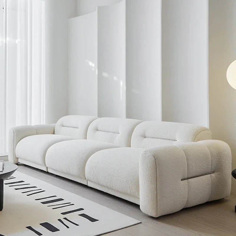 

Furniture: tofu block sofa, living room, three-seater in-line modular combination, small apartment, cream style sofa