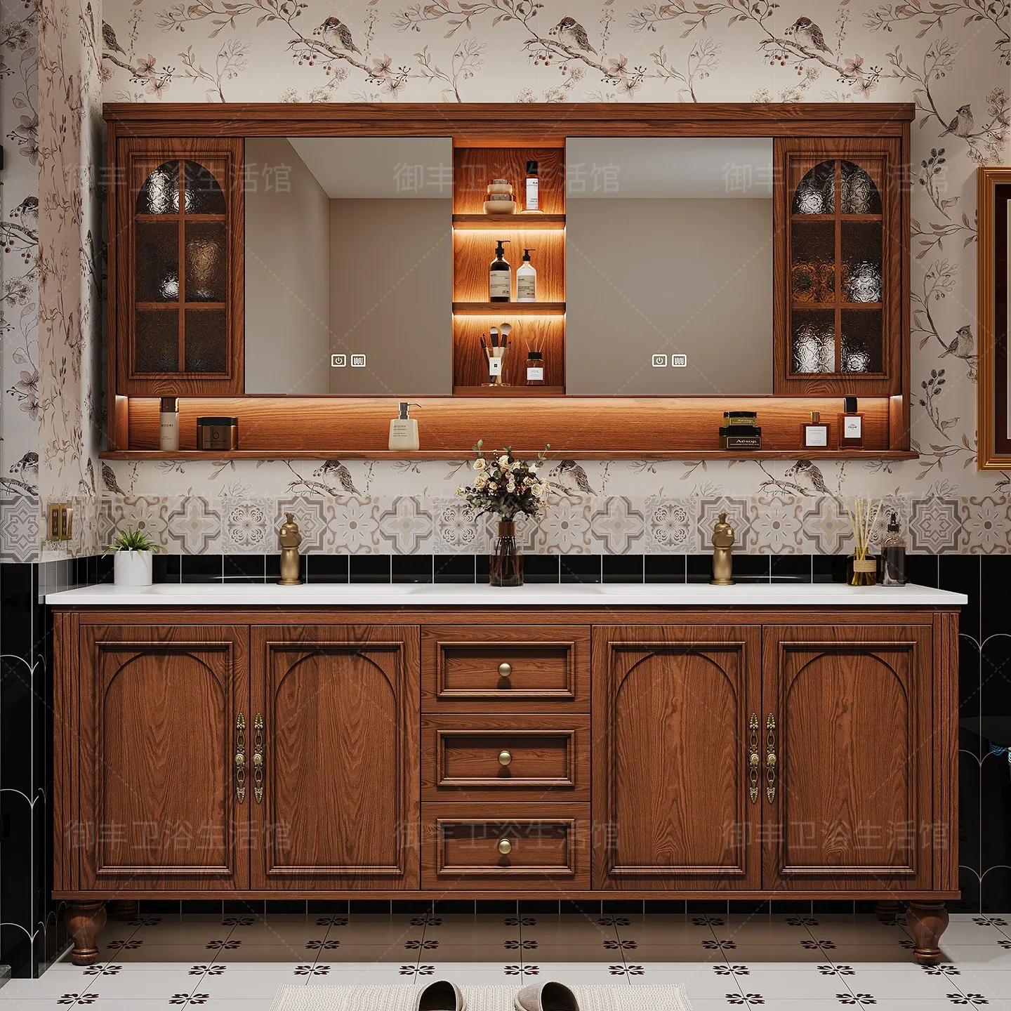 Factory Direct 2026 American antique bathroom cabinet combination floor-to-ceiling French retro red oak double basin toilet face