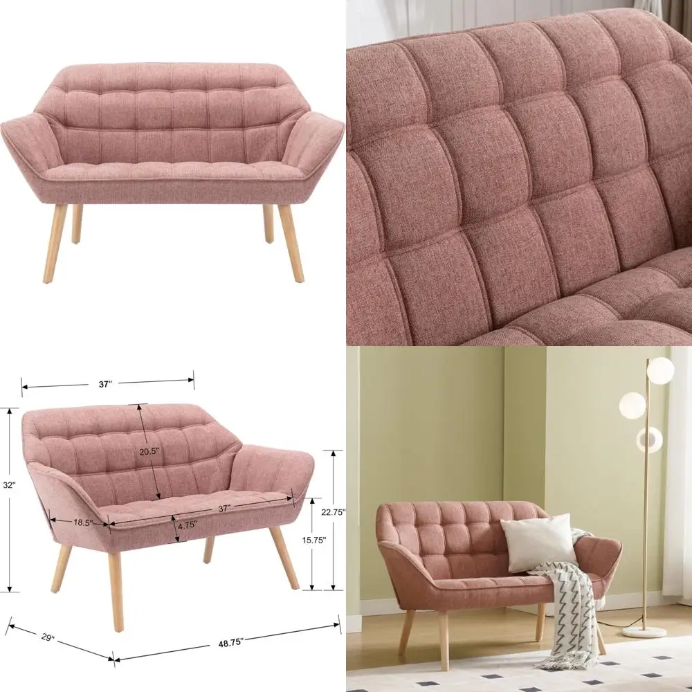 

Mid Century Modern 2-Seat Linen Loveseat Sofa with Wood Legs and Tufted Wingback Design
