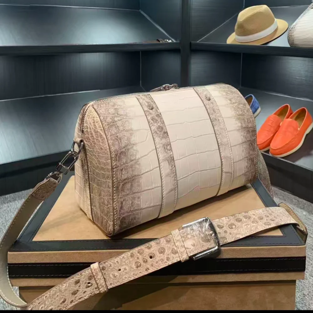 Himalayan Crocodile Leather Men Boston Bag Cylinder Crossbody Luxury Exotic Skin Shoulder Bag Wide Strap Travel Daily Use