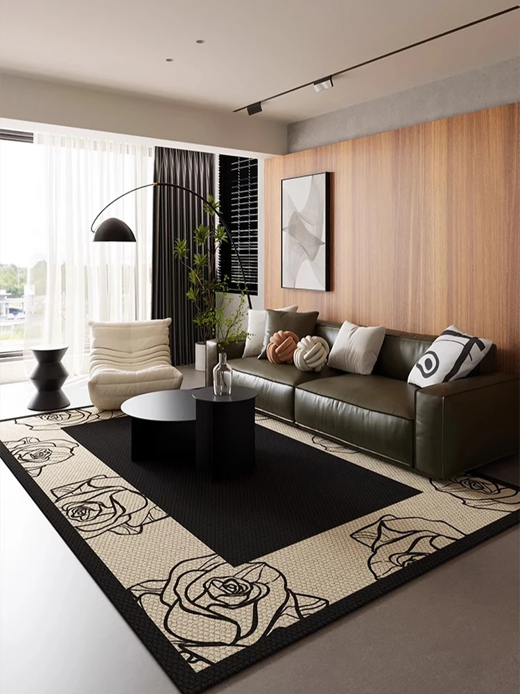 

Black Floral Beige Carpet Artistic Geometric Living Room Carpets Flower Pattern Easy To Clean Rugs Simple Bedroom Decorative Rug