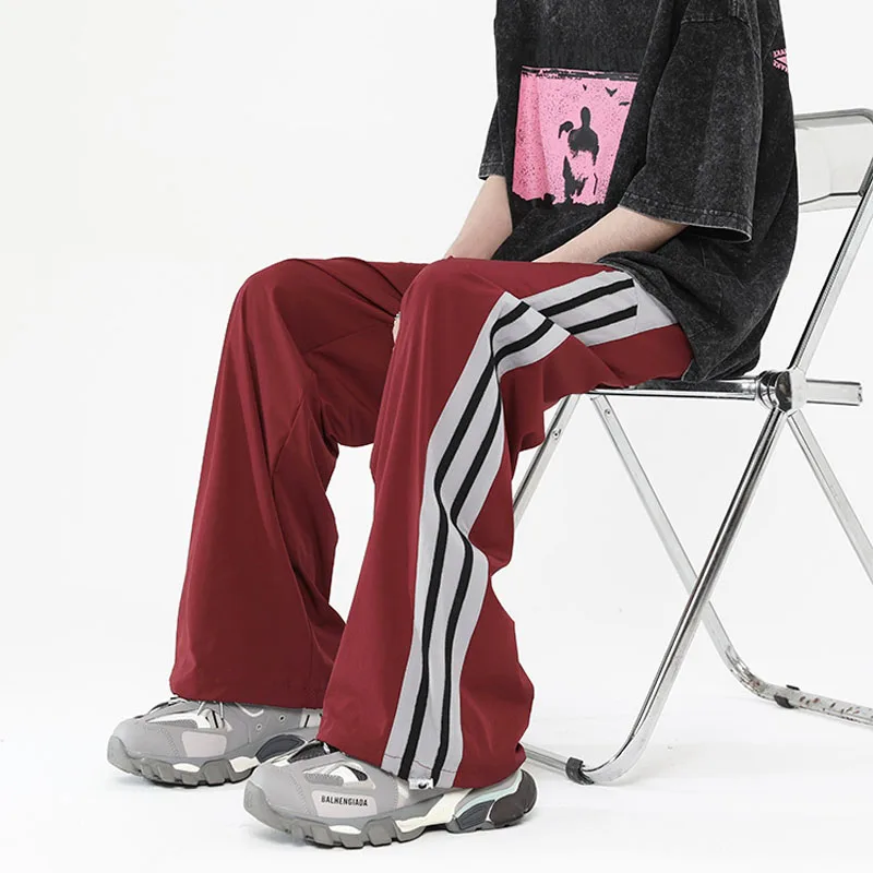 

Contrasting Colors Patchwork Striped Men Spring Fashion High Street Wine Red Straight Cylinder Quick Drying Casual Trousers