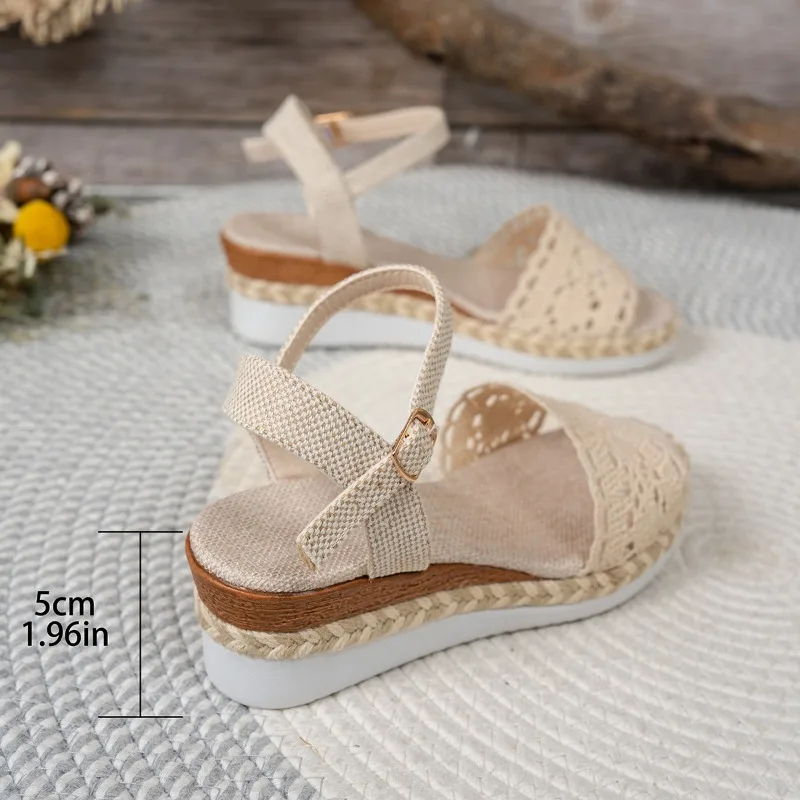 Women Lace Wedge Sandals Espadrille Platform Peep Toe Ankle Strap Summer Casual Shoes Comfortable Outdoor Beach Walking Dressy view 6