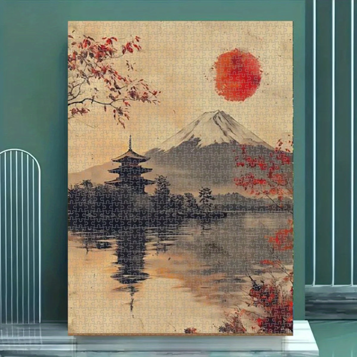 1000 قطعة من اللغز الياباني - جبل فوجي، الشمس الحمراء، معبد وأزهار الكرز - لغز التحدي للبالغين مع Lan الياباني التقليدي