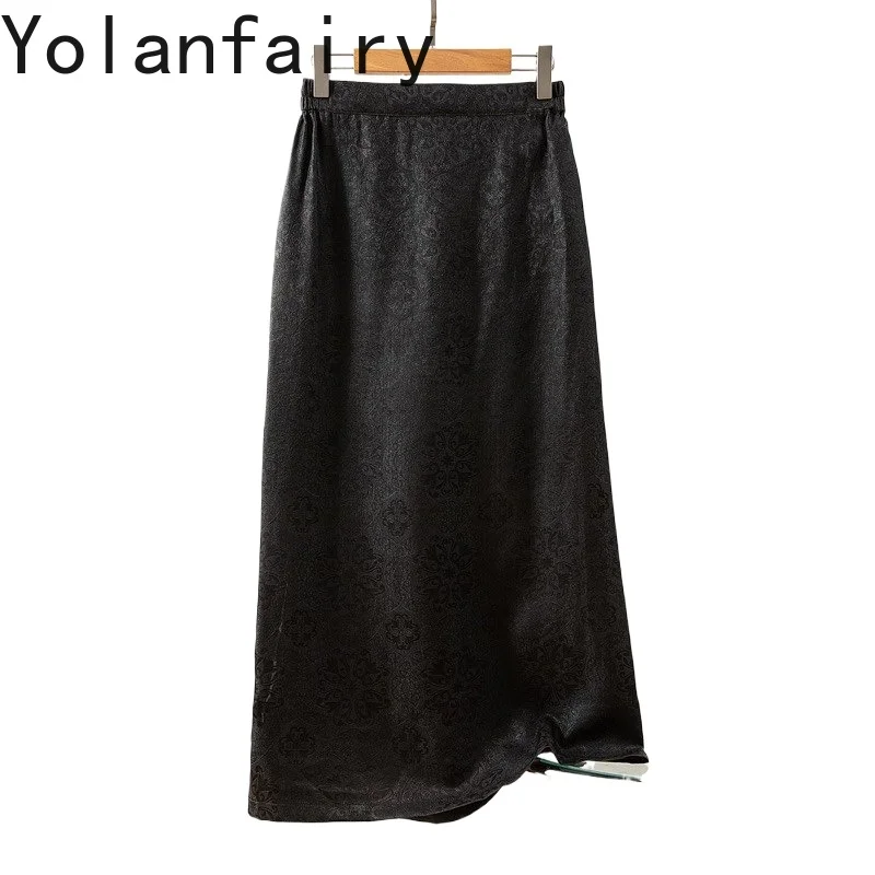 

YOLANFAIRY 100% Real Mulberry Silk Skirts for Women Summer 2026 High Elastic Waist Black Skirt Long Xiangyunsha Split Skirts