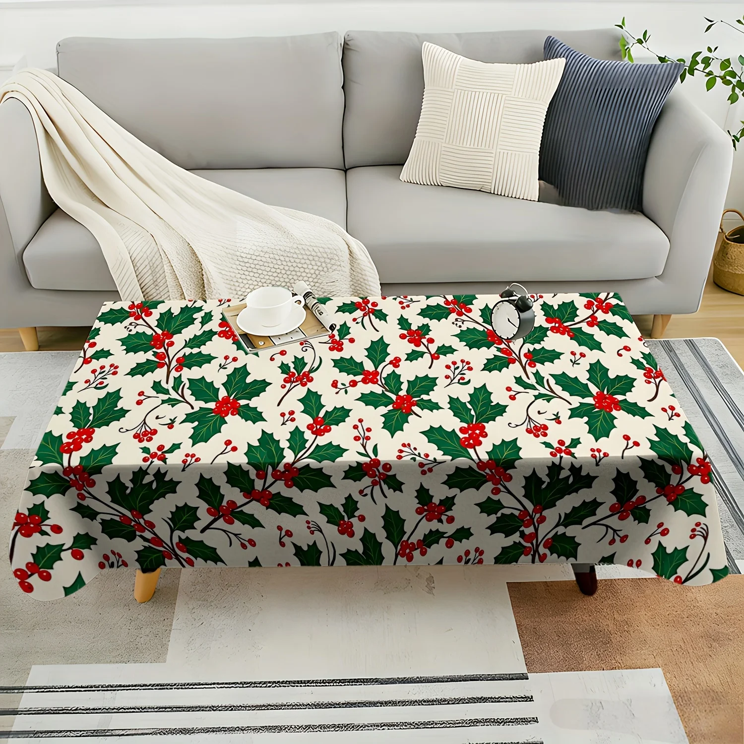 1pc 2D Flat Tablecloth, Green Holly Leaf Red Berry Christmas Pattern Printed Rectangle Tablecloth,Decor for Dining Table,Wedding