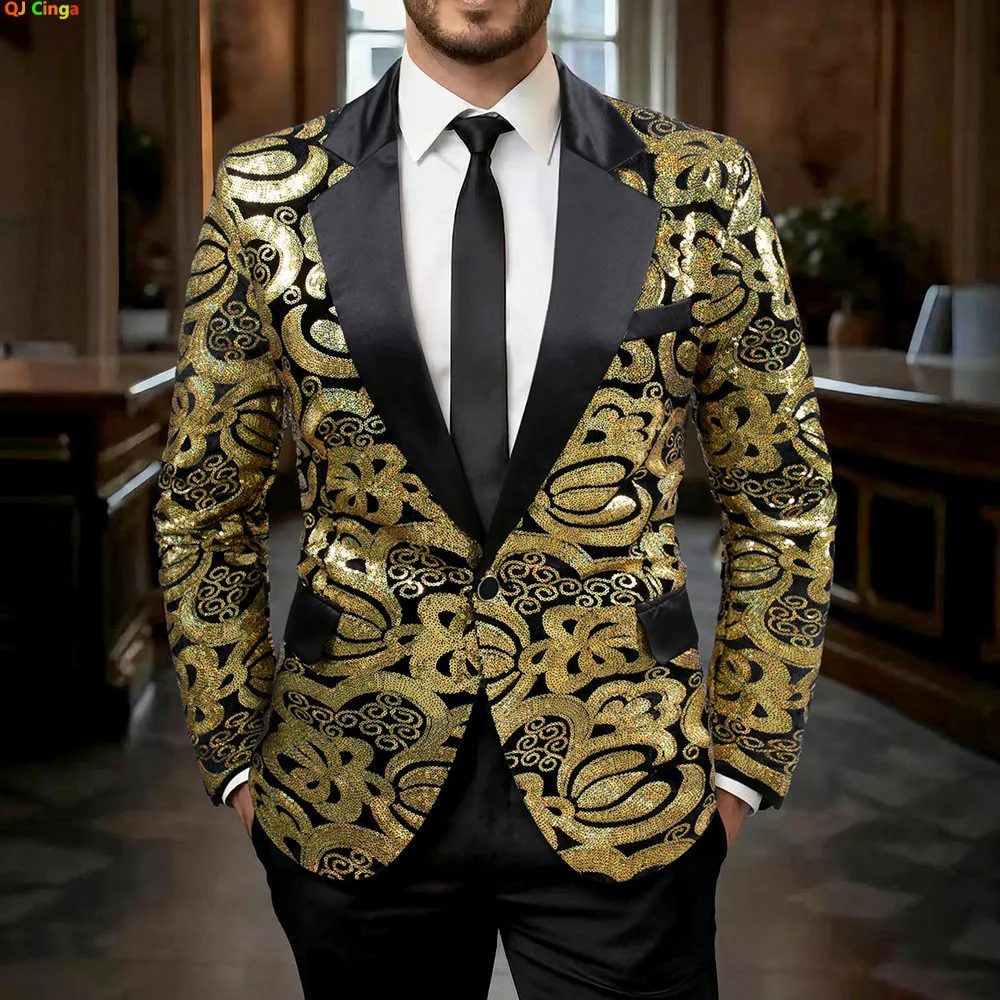 

2026 Men's Gold Blazer with Round Sequins—the Perfect Jacket for Weddings, Parties, and Stage Performances.