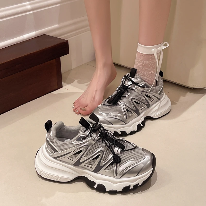 2024 New Spring Autumn Women Mesh Breathable Casual Shoes Lace up Color Matching Round Toe Thick Heels Leather Sneakers Unisex