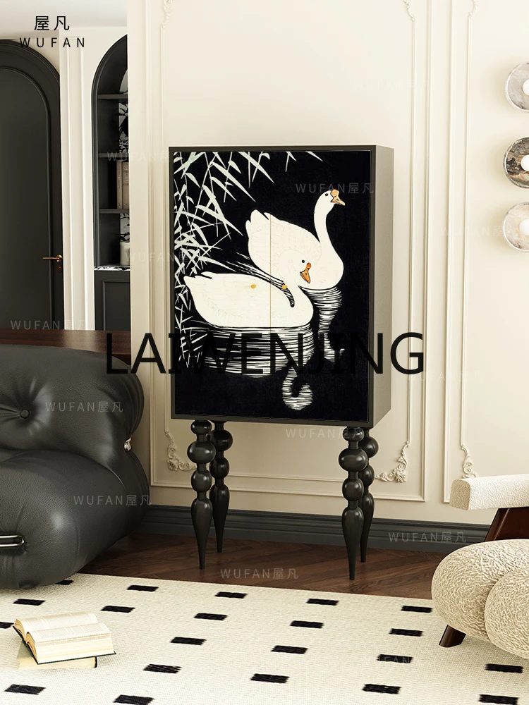 French Solid Wood Chest of Drawers Black and White Swan Painting High-Leg Hallway Bedroom Bed Front Cabinet Customization