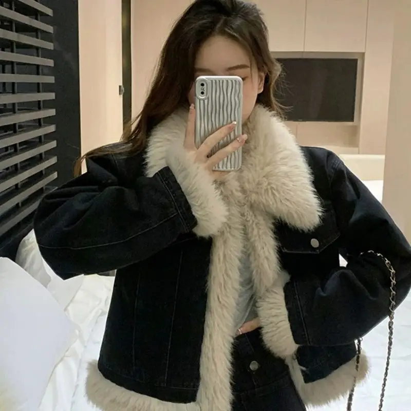 Korea Stitching Denim Cotton-Padded Jacket Coat Padded Plush Women'S Autumn Winter High-Grade Long-Sleeved Jacket