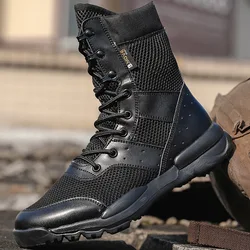 Zapatos de trabajo para hombre, botines, botas impermeables con cordones, malla de moda para motocicleta