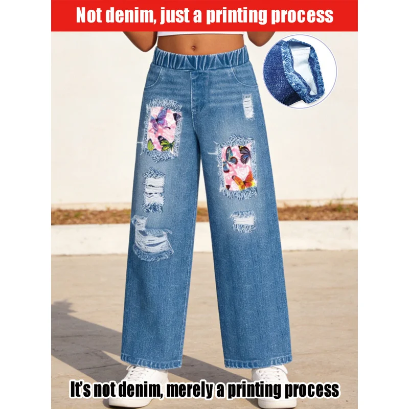 

2026Children's Light Blue Imitation Denim Wide-Leg Pants Distressed with Holes + Colorful Butterfly Patchwork Decoration