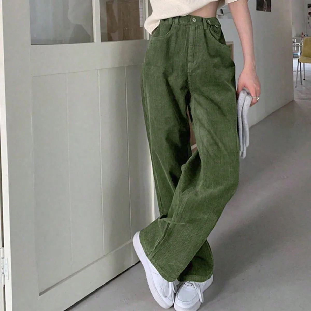 

Korean Chic Wide-Leg Pants for Women in Summer, High-Waisted, Slim, Casual, Loose, Corduroy, Straight-Leg Floor-Length Pants