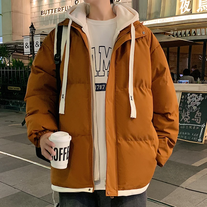 Men's Jacket Autumn Winter New Solid Color Trend Fake Two-piece Design Outdoor Camping Hooded Coat Men's Fashion Down Jacket