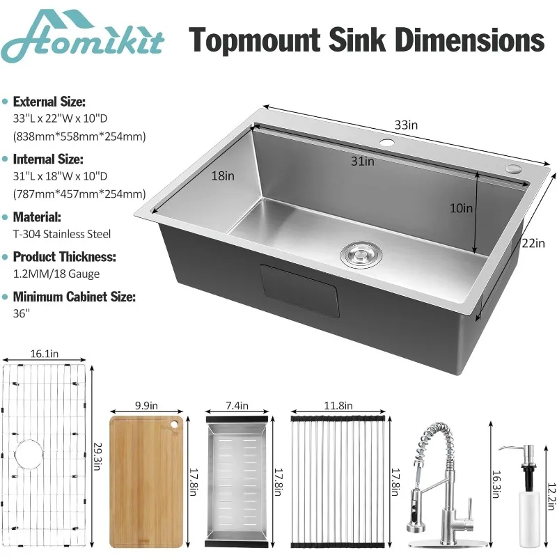 Homikit 33 x 22 Drop In Kitchen Sink with Faucet, 16 Gauge Stainless Steel Farmhouse Kitchen Sinks