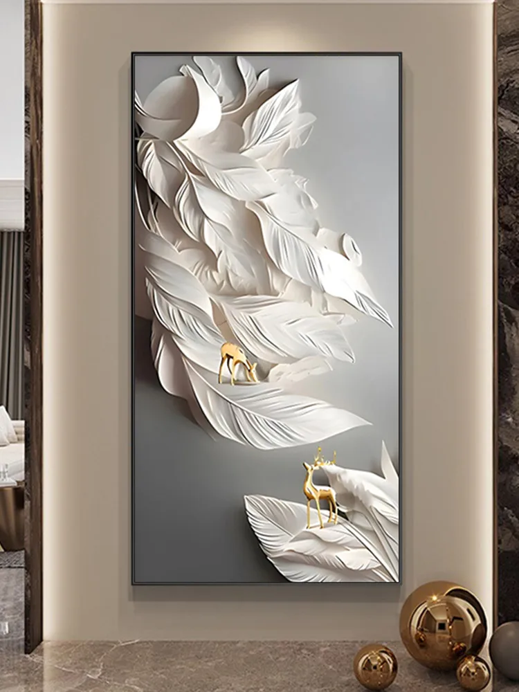 Feather Fortune Deer  Hanging Paintings Foyer Remote Dimming LED Mural Lights Porch Entrance Living Room Wall Decoration Fitting