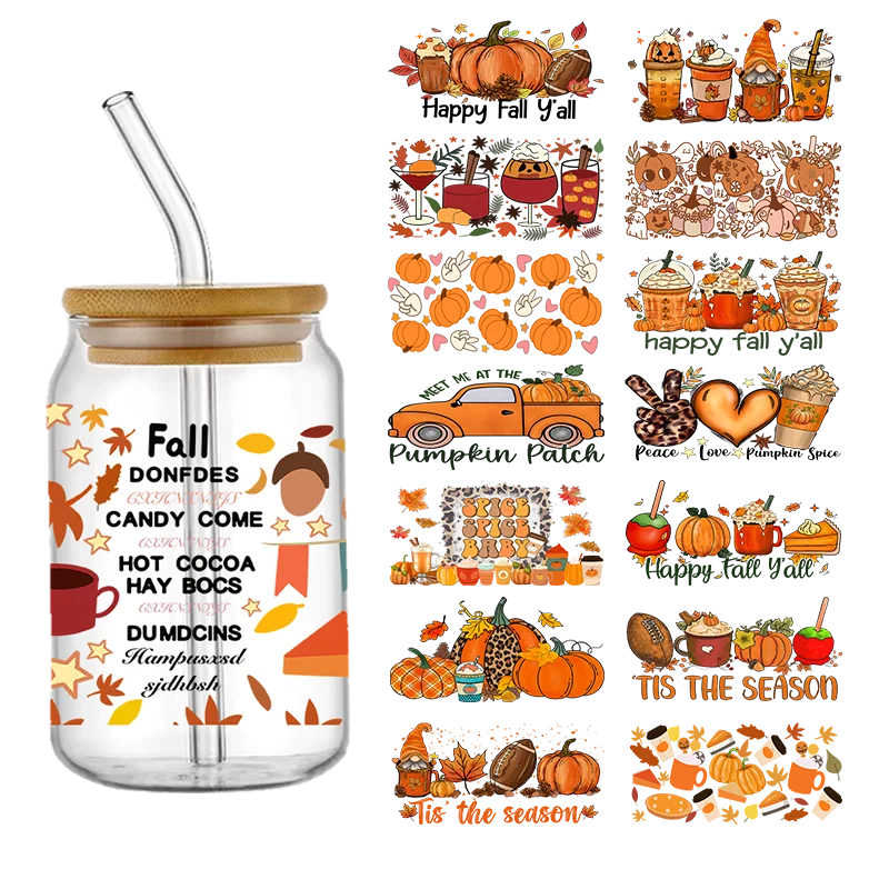 Fall Season Autumn Pumpkin 16OZ UV DTF Cup Wrap Transfers Stickers DIY Durable Waterproof Logo For Libbey Glass Can