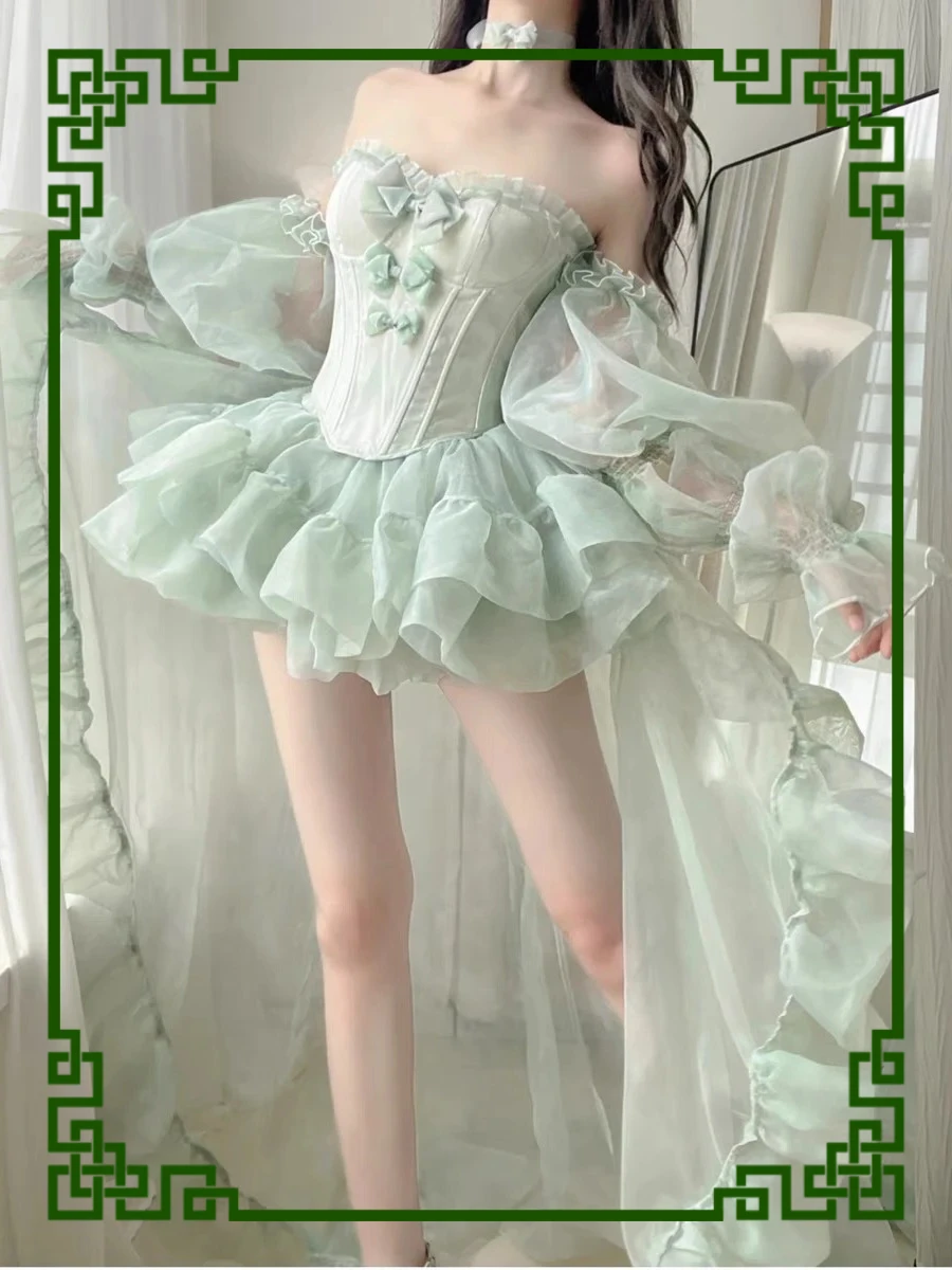 

Birthday Party Sweet Princess Tube Top French Fairy Bow Off-shoulder Sling and High Waist Tutu Short Skirt High-end Set