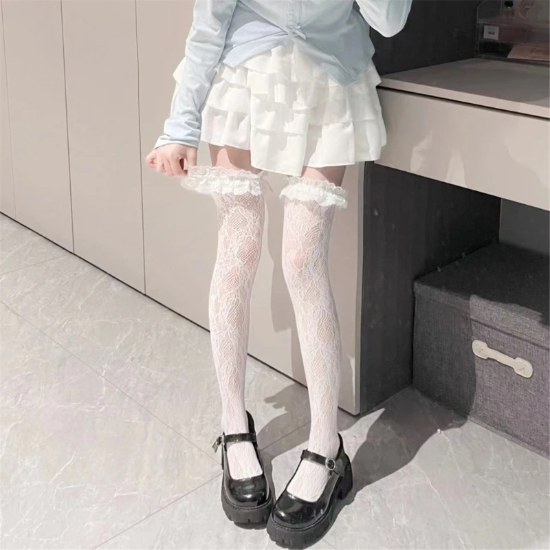 Womens Japanese Style Sheer Flower Lace Fishnet Thigh Highs Stockings JK Sweet Ruffle Trim Frilly Over Knee Long Socks