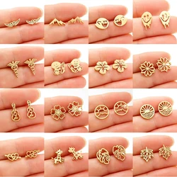 Golden Stainless Steel Earrings Minimalist Skull Wings Heart Leaf Guitar Ear Studs for Women Cartoon Doodle Earings Funny Gifts