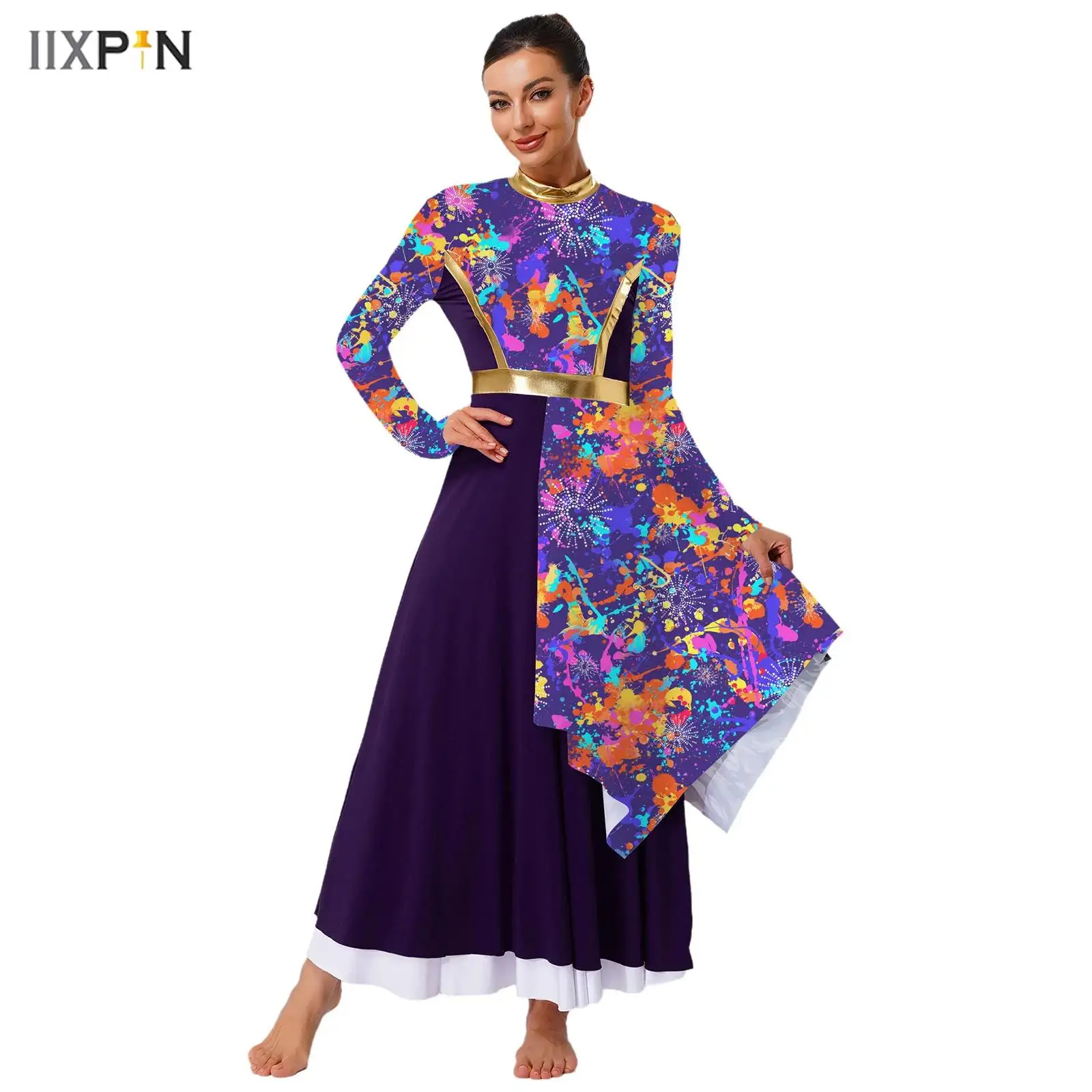 

Womens Worship Praise Dance Dress Tunic Long Sleeve High Waist Asymmetrical Dress Modern Lyrical Dance Performances Costume