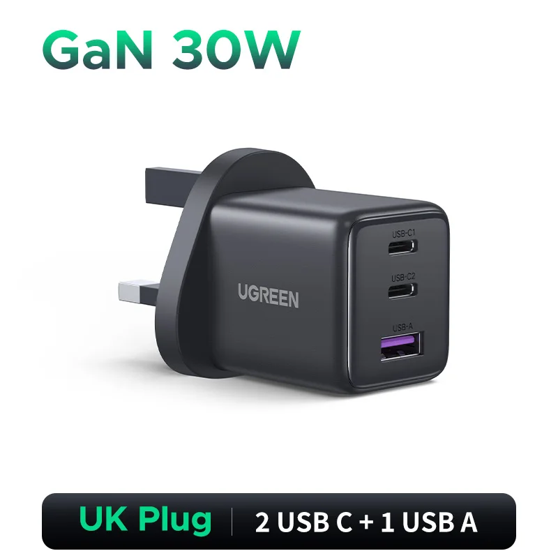 UGREEN Caricatore USB-C 30W A 3 Porte (2C+1A) Con GaN II – Ricarica Veloce Per IPhone, Samsung, IPad E MacBook