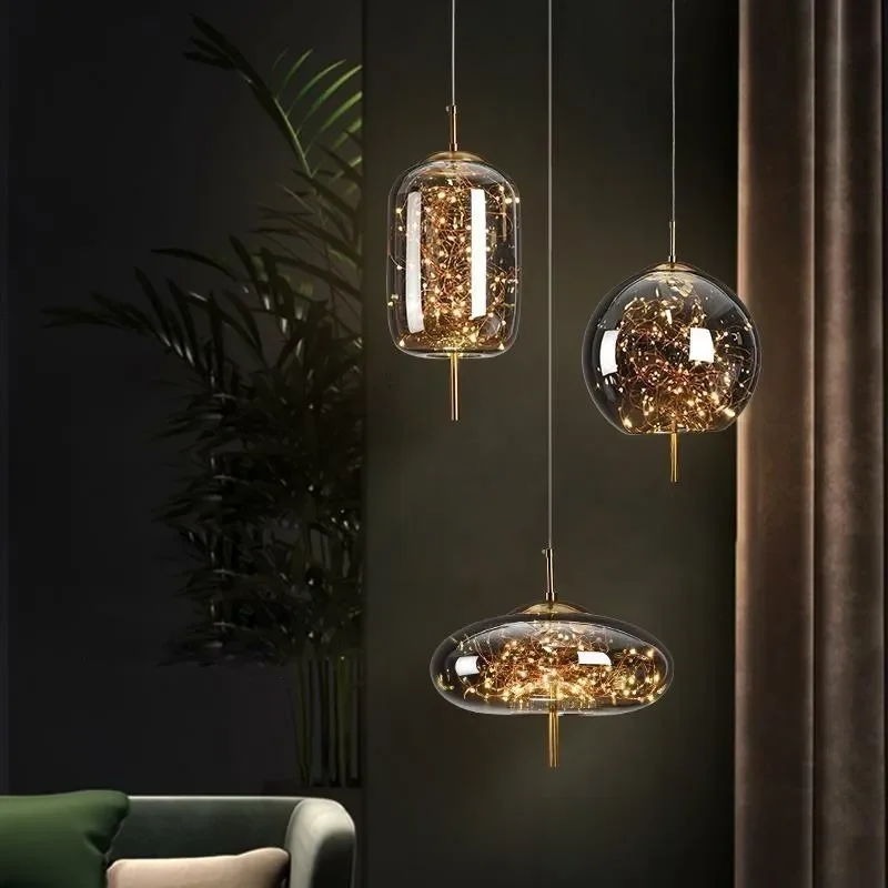 Nordic Net Red Bedside Chandelier Light Luxury Long Line Personality Art Full Of Stars Hotel Bar Glass Home Decor Pendant Light