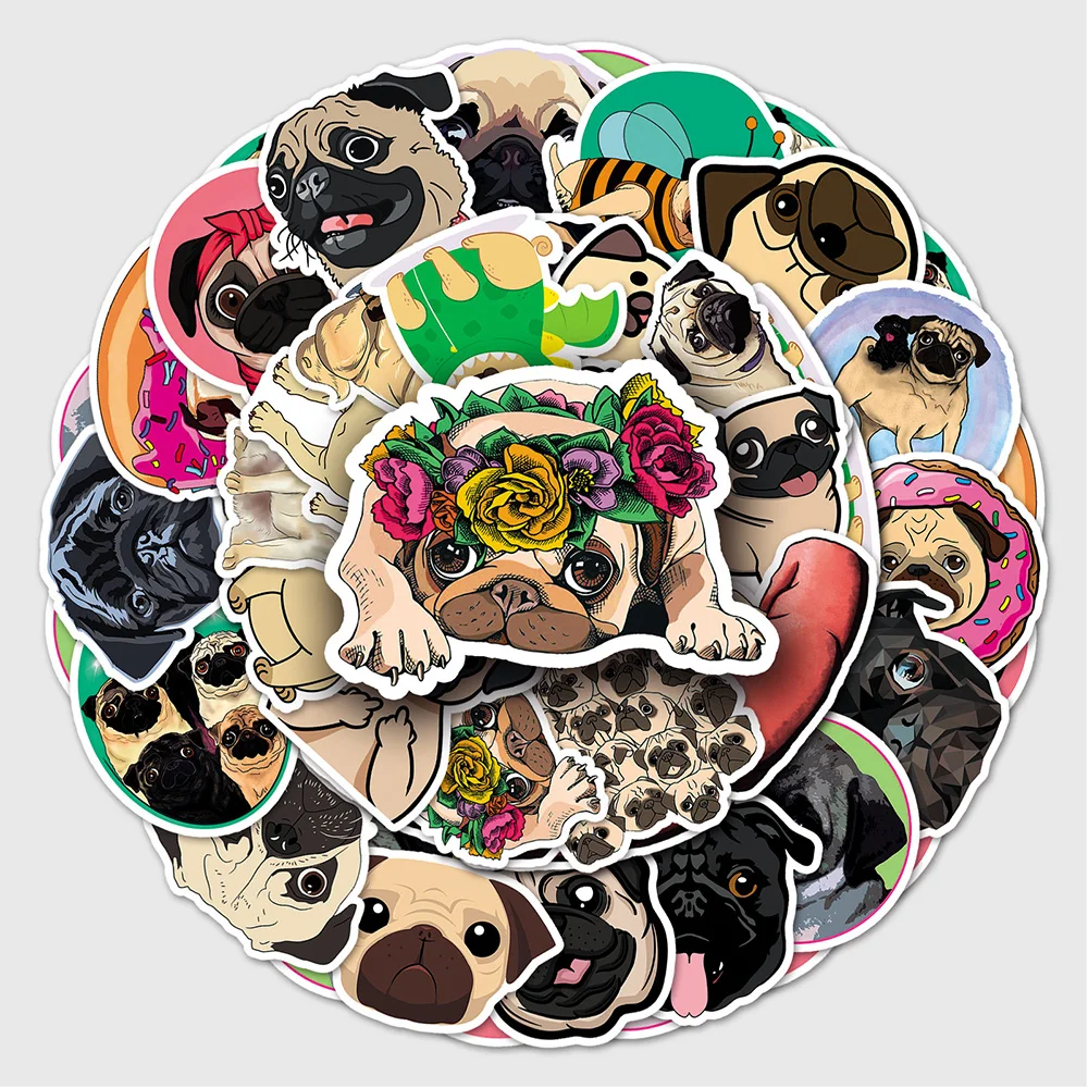 10/30/50PCS Cute Animal Dog Pug Cartoon Sticker fai da te Laptop bagagli Skateboard Graffiti decalcomanie divertimento per giocattoli per bambini