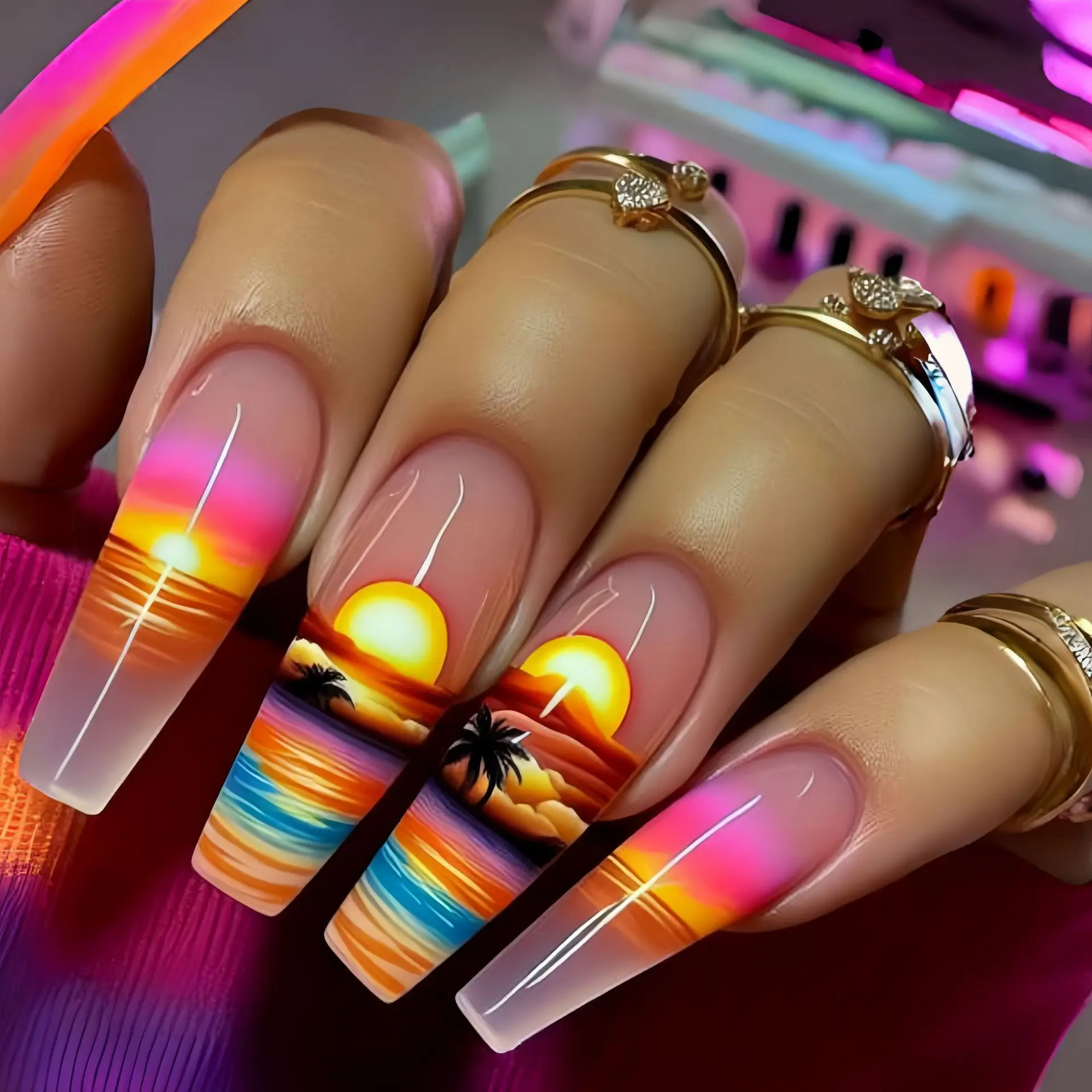 24 pièces/ensemble faux ongles mi-longs dégradé bleu océan poisson soleil fleurs papillon carré ballet été conseils presse sur faux ongles