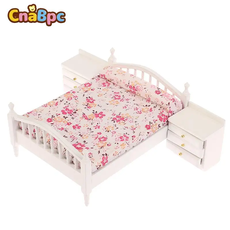 

1Set 1:12 Dollhouse Miniature European Double Bed With Bedside Table Furniture Home Model DIY Doll House Decor Accessories