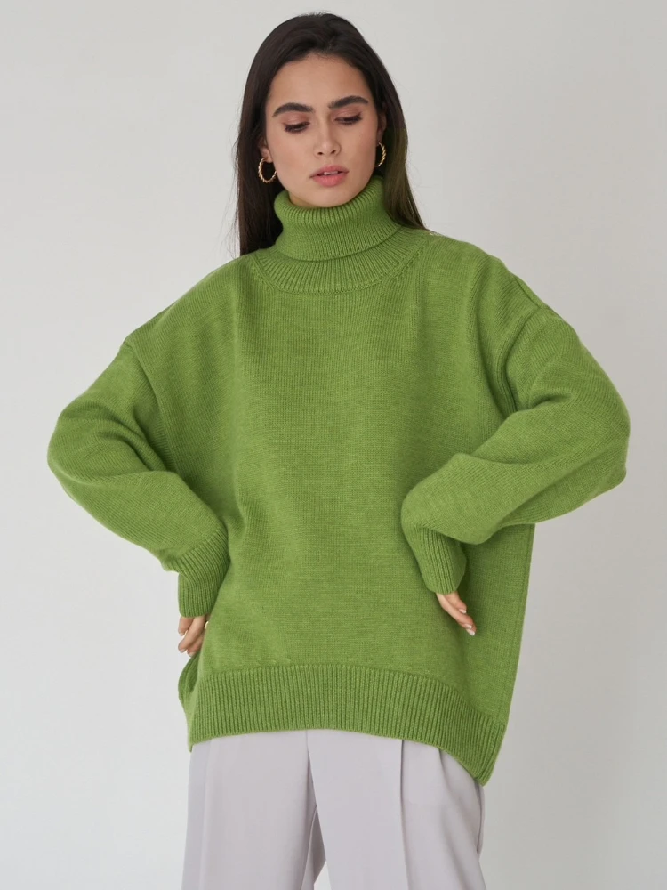 

2025 autumn and winter loose solid color high neck knitted sweater women fashion versatile long sleeve pullover sweater
