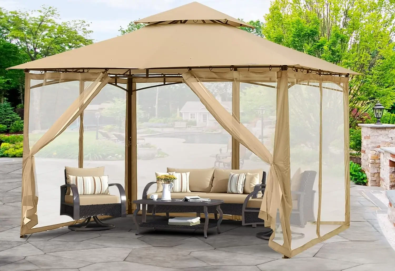 

Outdoor Garden Gazebo for Patios with Stable Steel Frame and Netting Walls (10x10, Beige)