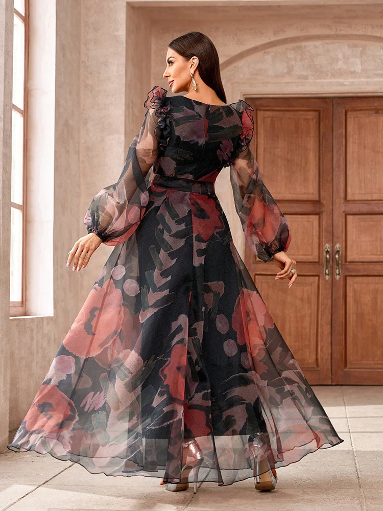 TOLEEN-Women's Floral Printed Lantern Sleeve Long Dress with Ruffled Hem, Elegant Holiday Dresses, Casual Fashion, Summer, 2024