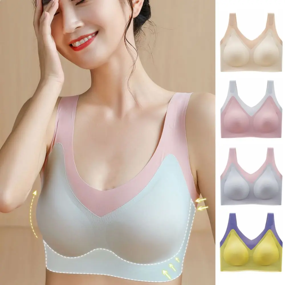 

Patchwork Ice Silk Seamless Bras Push Up Shockproof Wireless Deep V Bra Thin Anti-sagging Underwear for Women Girls