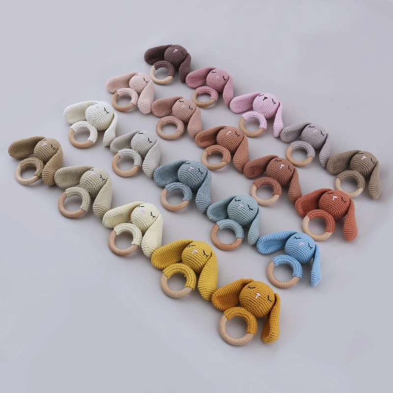 1pc Safety Wooden Baby Teether Crochet Cartoon Long Ear Bunny Baby Rattler Mobile Crib Rattle Bell Newborn Handbell Teething Toy