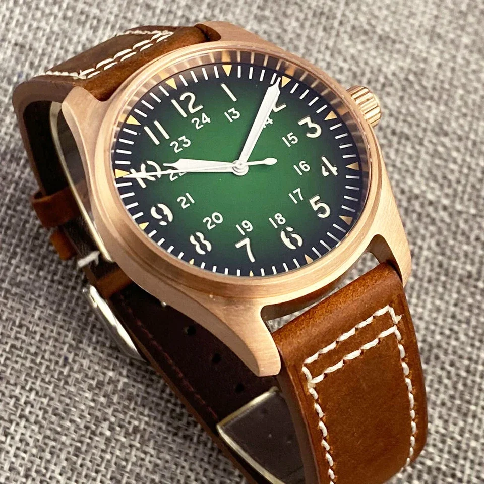 Tandorio 39mm Gradient green Pilot Watch CUSN8 Solid Bronze Sapphire Glass 20ATM Diver Miyota 8215 Automatic Movement Men Watch