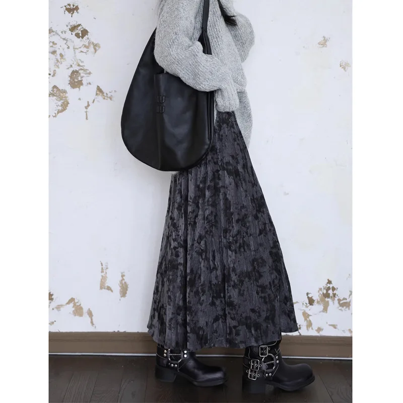 

Ретро винтажные бархатные юбки-зонтики с тиснением в китайском стиле для женщин, осенне-зимняя эластичная длинная макси-юбка с высокой талией