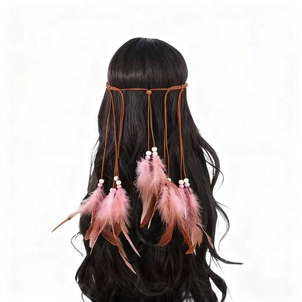 Cascading Tassels Bohemian Tassel Headband Braided Cord Hand-tied Plumage Long Feather Headpiece Vintage Ethnic Style