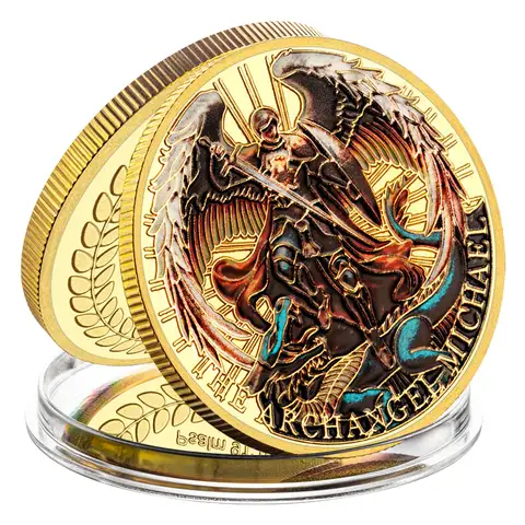 Der Erzengel Michael Gedenkmünze, vergoldete Farbmedaillon, Schutzengel, Sammlermünzen